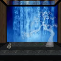 Tree Shaped Sculpture Display With Blue Waterfall Background And Water Pool 3d model