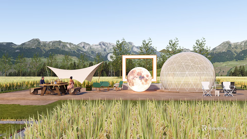 Rural Landscape With Mountain View Rice Fields Circular Frame Moon Decoration Outdoor Dining Dome Structure 3d model