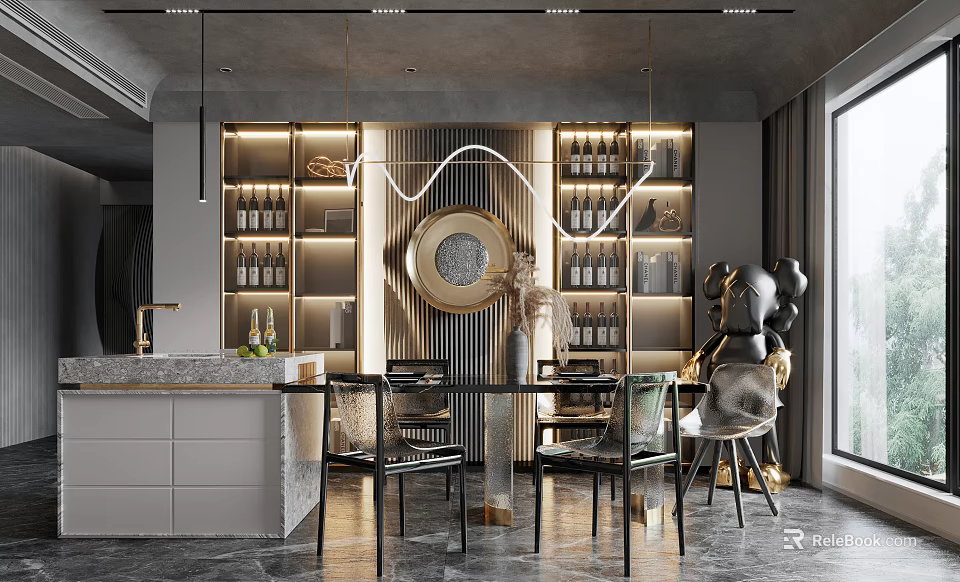 Elegant Modern Restaurant Interior With Bar Counter Dining Table Wine Racks And Decorative Lighting 3d model