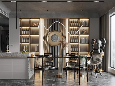 Elegant Modern Restaurant Interior With Bar Counter Dining Table Wine Racks And Decorative Lighting 3d model