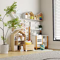 Whimsical Kids Room With Wooden House Shelves Toys And Green Plant