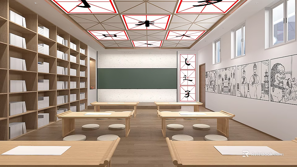 School Classroom Interior With Wooden Desks Stools Bookshelves Blackboard Ceiling Lights And Calligraphy Paintings 3d model 