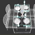Modern Dining Table Set with Four Gray Chairs White Plates Glasses Vase on Black Tabletop