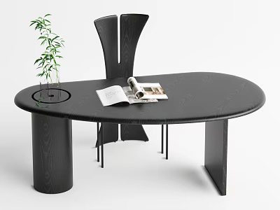 Black Oval Desk with Green Plant Open Book Magazines and Modern Black Chair 3d model