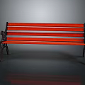 Red Wooden Slat Bench With Black Metal Legs As Outdoor Furniture Piece