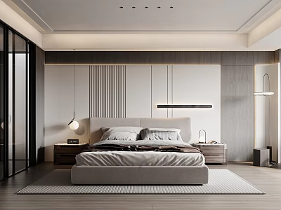 Modern Bedroom Interior Design With Beige Bed Striped Headboard Nightstands And Wooden Flooring 3d model
