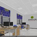 Administrative Service Hall Interior With Blue Walls Desks Chairs File Cabinets And Computers