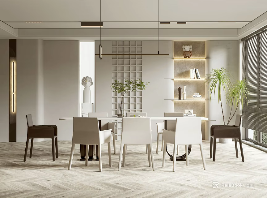 Modern Restaurant Interior With Dining Table Chairs And Green Plants 3d model