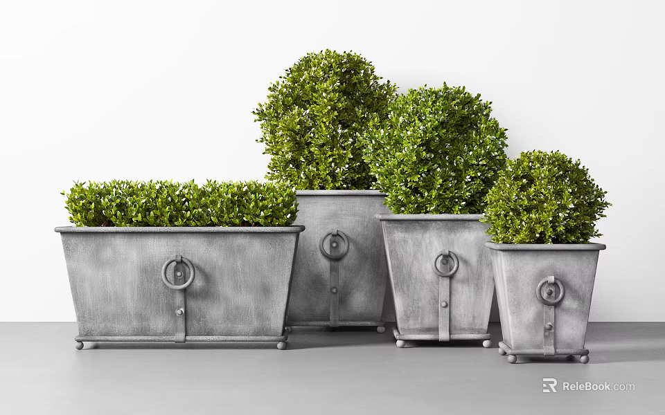 Potted Green Round Shrubs In Various Sizes Metal Planters With Ring Decorations And Wheels 3d model 