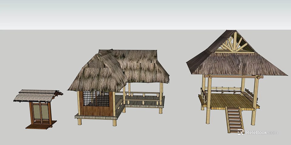 Traditional Thatched Roof Wooden Pavilions With Outdoor Platform And Stairs 3d model 