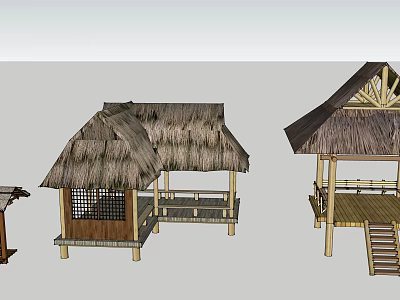 Traditional Thatched Roof Wooden Pavilions With Outdoor Platform And Stairs 3d model