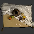 Table Covered With Brown And White Cloth Holding Earthenware Jar And Assorted Fruits