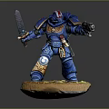 Game Movie Character Standing in Blue Armor Holding Sword and Gun on Base with Rocks