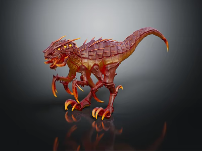 Fierce Red Dinosaur Fantasy Creature Model With Glowing Eyes And Sharp Claws 3d model