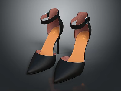 Black Pointed Toe High Heels With Ankle Strap Buckle And Orange Insole 3d model