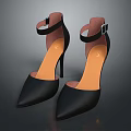 Black Pointed Toe High Heels With Ankle Strap Buckle And Orange Insole