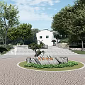 Lush Public Park With Green Lawn Circular Square Trees And White Building Steps