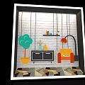 Window Display Featuring Bedroom Scene With Bed Bookshelf Clock Painting And Rug