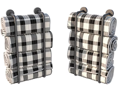 Stylish Bathroom Accessories Featuring Rolled Towels On Metal Racks With Black And White Plaid Pattern 3d model