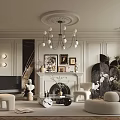 Elegant Modern Living Room Interior With Chandelier Fireplace Framed Art Curved Sofa And Plants