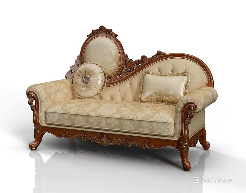 Classical Carved Wooden Frame Chaise Lounge with Elegant Fabric and Decorative Pillows 3d model 