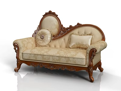 Classical Carved Wooden Frame Chaise Lounge with Elegant Fabric and Decorative Pillows 3d model