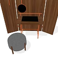Walnut Wood Dressing Table With Round Mirror Gray Stool And Folding Screens 3d model