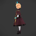Game Movie Character With Blonde Hair Blue Bow Dark Coat White Stockings And Black Boots