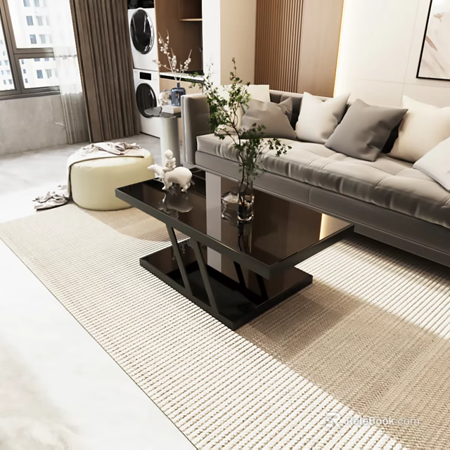 Modern Black Glass Coffee Table in Living Room with Sofa and Green Plant 3d model 