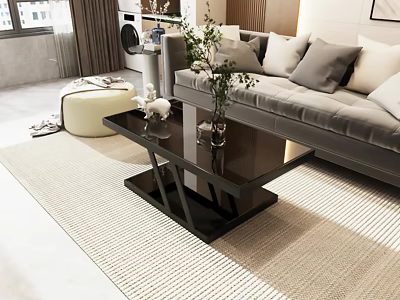 Modern Black Glass Coffee Table in Living Room with Sofa and Green Plant 3d model