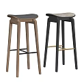 Walnut Wooden And Black Bar Stools With Metal Crossbar And Gold Accent Design