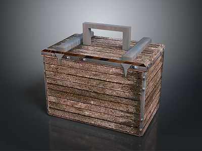 Rustic Wooden Storage Box With Metal Handle And Clasps For Household Organization 3d model