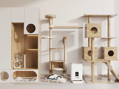 Wooden Cat Trees With Modern Design Multi Level Platforms And Cubby Holes 3d model