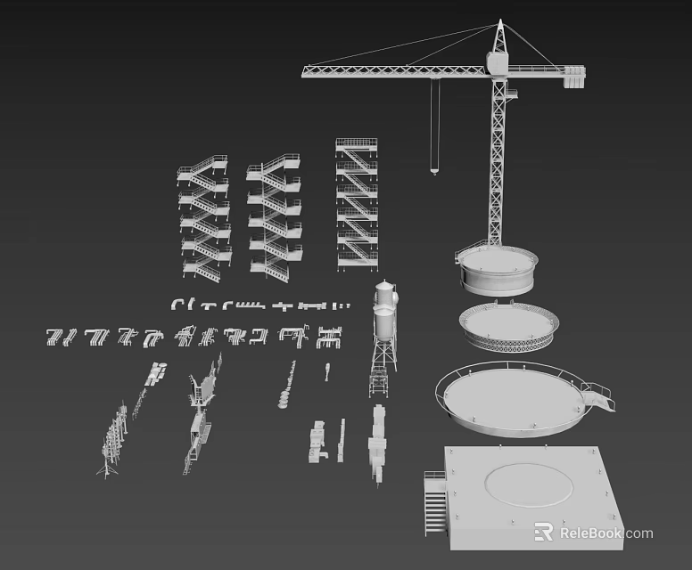 Construction Building Components Including Crane Staircases Water Tower And Circular Structures 3d model 