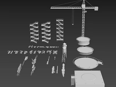 Construction Building Components Including Crane Staircases Water Tower And Circular Structures 3d model