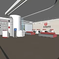 Modern Government Service Hall With White Reception Desk Red Logo And Self Service Kiosk