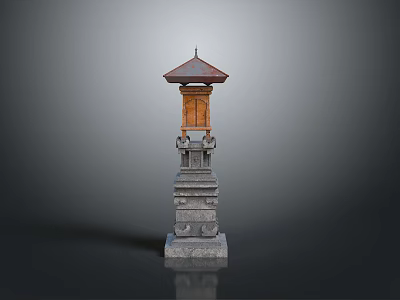Traditional Stone Lantern With Intricate Stone Base And Wooden Top Structure 3d model