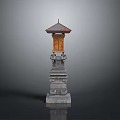 Traditional Stone Lantern With Intricate Stone Base And Wooden Top Structure