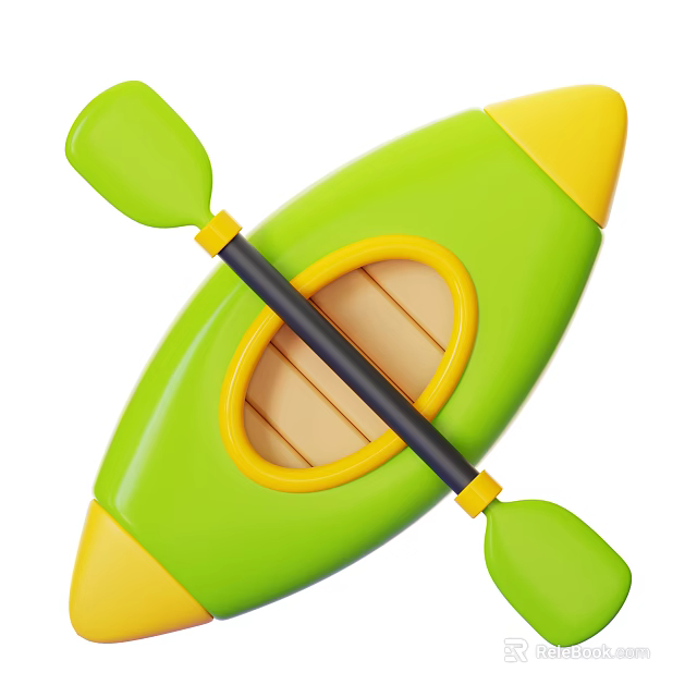 Green Kayak With Yellow Bow Stern Black Paddle Green Ends And Light Brown Oval Seat 3d model 