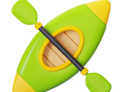 Green Kayak With Yellow Bow Stern Black Paddle Green Ends And Light Brown Oval Seat 3d model