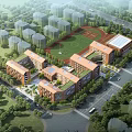 Modern Multi level School Building With Orange Brick Exterior Large Windows Terraces And Playground Running Track