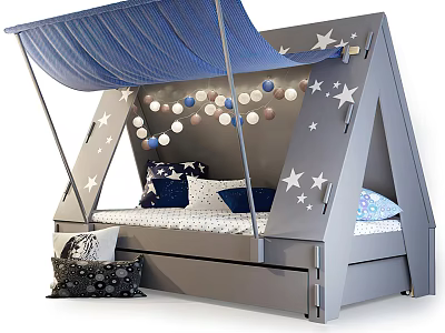 Kids Bed With Blue Canopy Gray Frame White Star Patterns And Colorful Ball Decorations 3d model