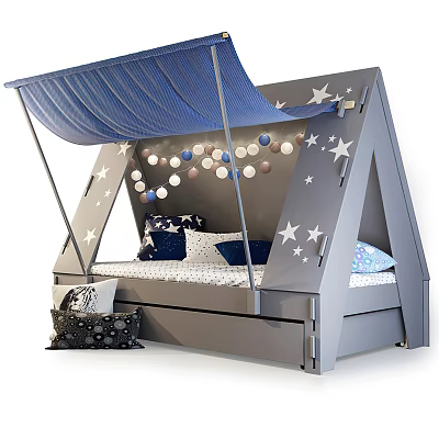 Kids Bed With Blue Canopy Gray Frame White Star Patterns And Colorful Ball Decorations 3d model