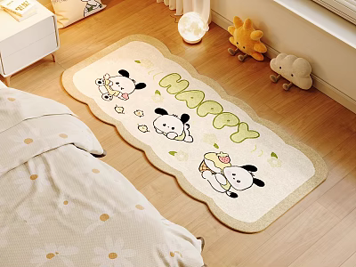 Decorative Bedroom Carpet with Cute Puppies HAPPY Lettering and Flowers near Bed on Wooden Floor 3d model