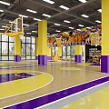Vibrant Basketball Gym With Yellow Purple Pillars Court Floor White Lines Hoops And Wall Murals