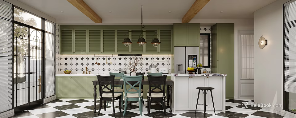 Cozy Modern Restaurant Interior With Green Cabinets Black White Geometric Tile Backsplash Wooden Beams Pendant Lights Dining Table And Bar Counter Stools 3d model 