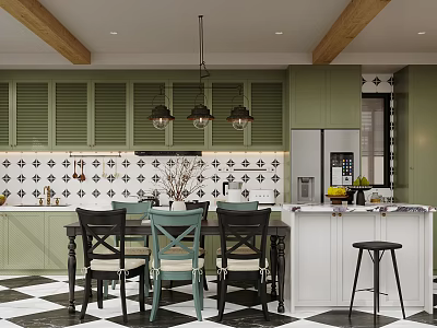 Cozy Modern Restaurant Interior With Green Cabinets Black White Geometric Tile Backsplash Wooden Beams Pendant Lights Dining Table And Bar Counter Stools 3d model