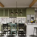 Cozy Modern Restaurant Interior With Green Cabinets Black White Geometric Tile Backsplash Wooden Beams Pendant Lights Dining Table And Bar Counter Stools