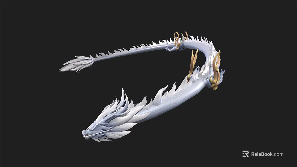 Silver White Mythical Dragon 3D Model With Golden Accents And Detailed Scales 3d model 