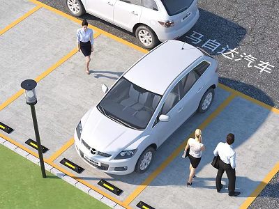 Well-Marked Parking Lot With White Cars Pedestrians And Yellow Parking Lines 3d model